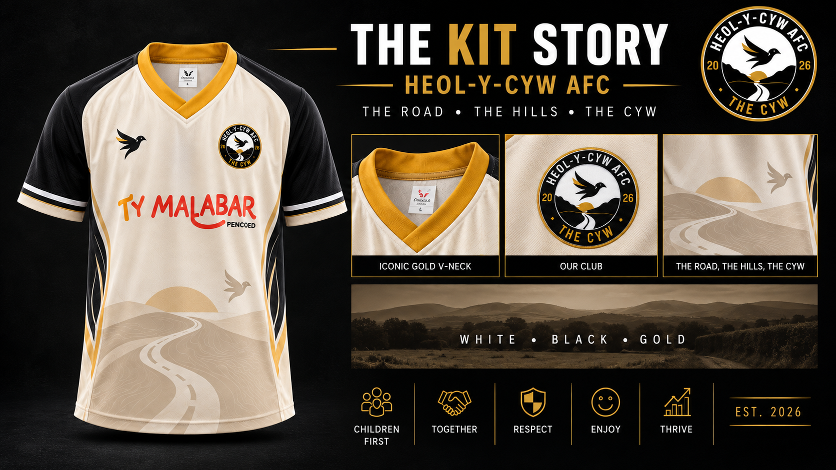Heol-y-Cyw AFC home kit story showing the road, hills, Cyw identity and club values
