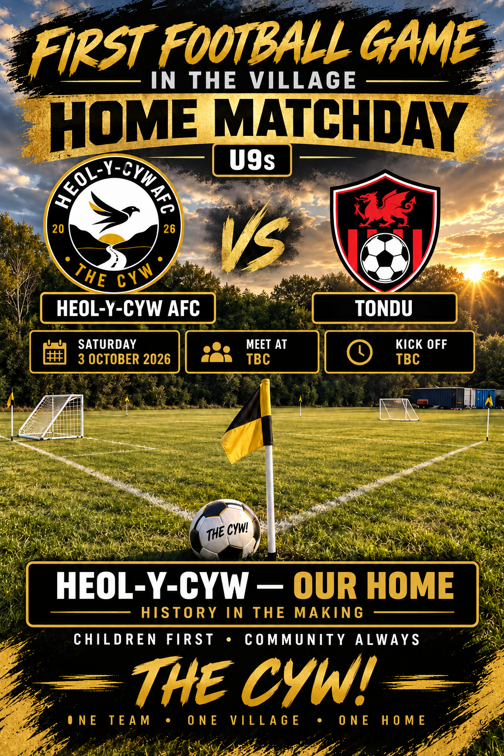 First football game in the village: Heol-y-Cyw AFC U9s versus Tondu, Saturday 3 October 2026. Meeting and kick-off times to be confirmed.